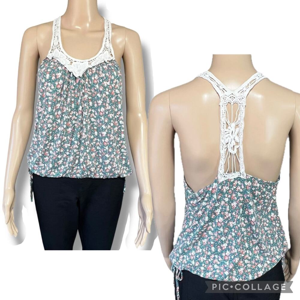 Forever 21 Boho Floral Tank Crochet Lace T Back Blouson Top Cottogecore Large